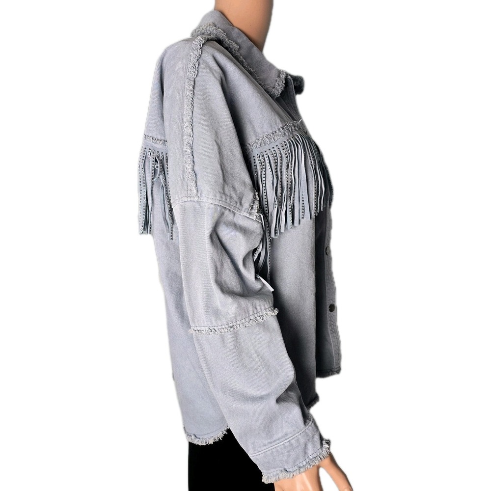 Zara Rhinestone Fringe Denim‎ Shacket Light Blue Gray Western Boho Size Small - Picture 2 of 9